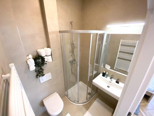 La salle de bains est pourvue d'une douche, de toilettes et d'un lavabo. dans l'établissement Central Vienna Luxury Stay w/ parkview, near metro, à Vienne
