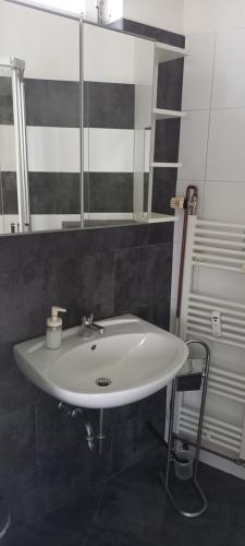 ein Badezimmer mit einem weißen Waschbecken und einem Spiegel in der Unterkunft Ferienwohnung Lützowstrasse 2 in Lübeck