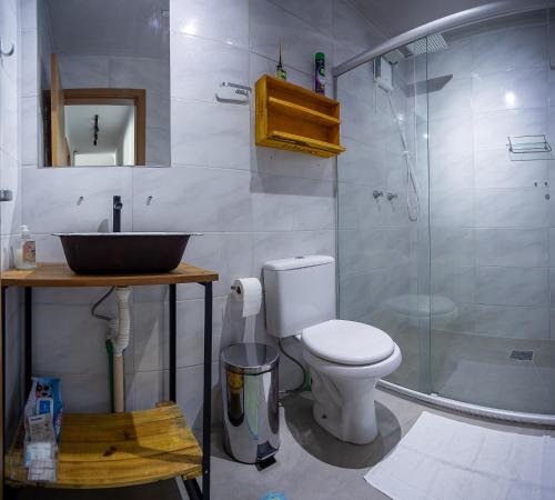 a bathroom with a toilet and a sink and a shower at WineAP - Pensando em Vinhos in Bento Gonçalves