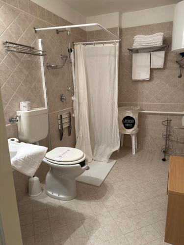 a bathroom with a toilet and a shower at Nauthotel in Grado