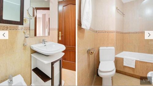 two pictures of a bathroom with a toilet and a sink at Luis Braille Apt in Málaga