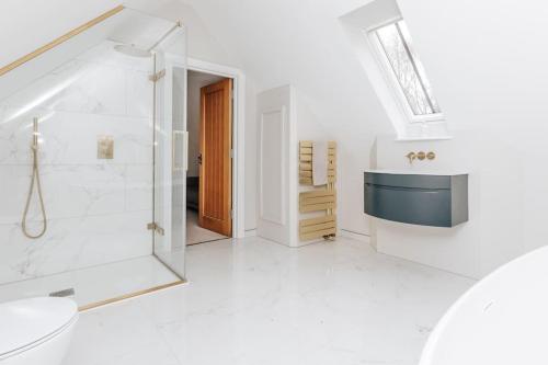 een badkamer met een douche, een toilet en een wastafel bij Bix Lodge in Henley on Thames