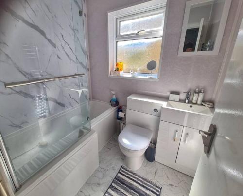 a bathroom with a toilet and a shower and a sink at Two Bedroom Apartment in South Somerset in Wincanton