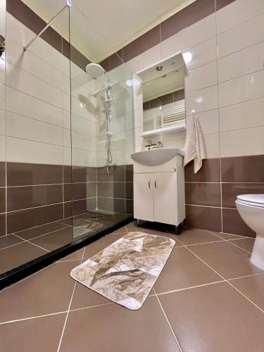 La salle de bains est pourvue d'une douche, d'un lavabo et de toilettes. dans l'établissement Entire Apartment - near the Center, à Pristina