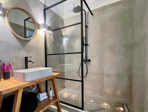 a shower in a bathroom with a sink and a mirror at Kynthia Suite - Escape to Seaside Makry Gialos in Makry Gialos