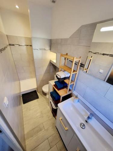 une petite salle de bain avec un lavabo et des toilettes dans l'établissement [LE REPOS] Maison 6 couchages avec jardin privé, à Loubajac