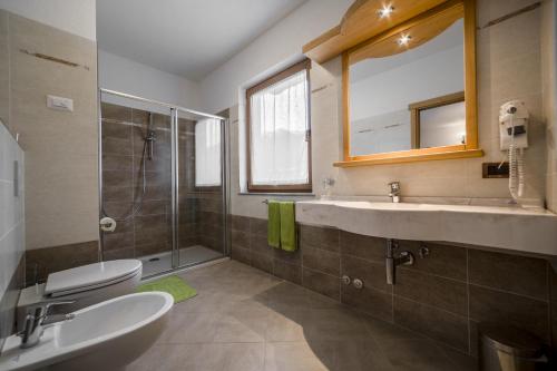 uma casa de banho com um lavatório, um chuveiro e um WC. em Chalet Alpine Dream em Livigno