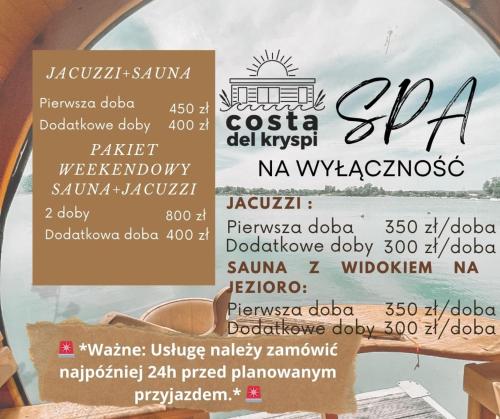 een menu voor een restaurant in ayodhya bij Costa del Kryspi Całoroczne Domy na Wodzie in Cholerzyn