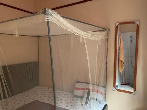a canopy bed in a room with a mirror at Jana house in Kamuli