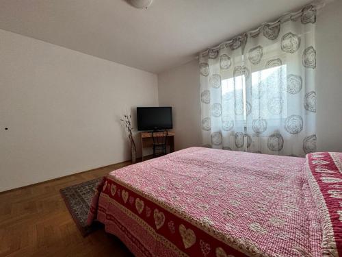 a bedroom with a bed and a tv and a window at Apartment NicoCeli in Châtillon