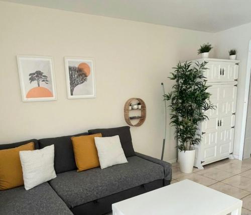 ein Wohnzimmer mit einer Couch und einer Pflanze in der Unterkunft Altagay, apartamento con impresionantes vistas al mar y a El Teide in Punta del Hidalgo