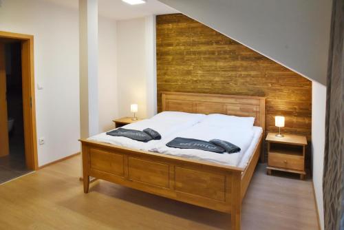 1 dormitorio con 1 cama grande y cabecero de madera en EFI ApartHotel Horní Lipová, en Lipová-lázně