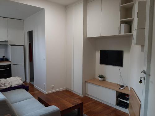 un salon avec un canapé et une télévision à écran plat dans l'établissement Très beau studio Paris 15, proche des commerces et de la tour Eiffel, à Paris