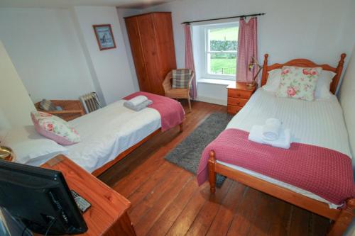 a bedroom with two beds and a window at Greenside Cottage Caldbeck in Caldbeck