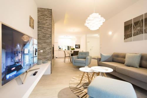 ein Wohnzimmer mit einem Sofa und einem TV in der Unterkunft Dünenresidenz Heringsdorf, App. 03 in Bansin
