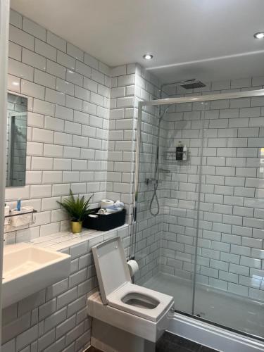 a bathroom with a toilet and a sink and a shower at Family-Friendly City Haven in Birmingham