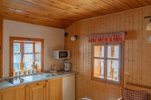 a kitchen with a sink and a window at Chalupa Na Sklepě in Velké Karlovice