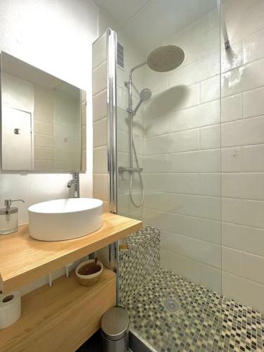 y baño con lavabo y ducha. en Superbe Studio avec parking gratuit sur place, en Paray-Vieille-Poste