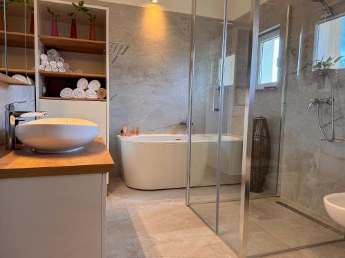 Ένα μπάνιο στο Chic Spacious Apartment Surrounded by Nature Near Opatija