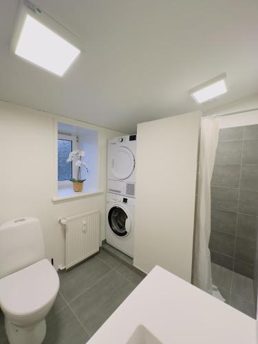 a bathroom with a toilet and a washing machine at aday - Holiday Apartment in the heart of Frederikshavn in Frederikshavn