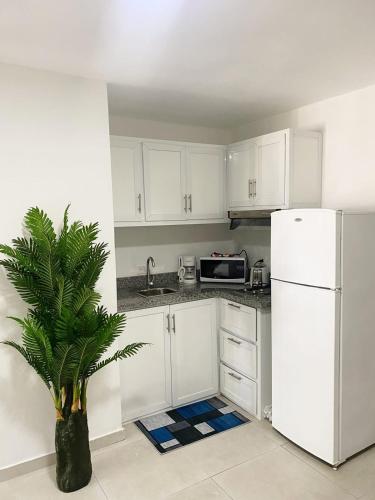 a kitchen with white cabinets and a white refrigerator at Cabarete Kite Beach Rooms & Condos in Cabarete