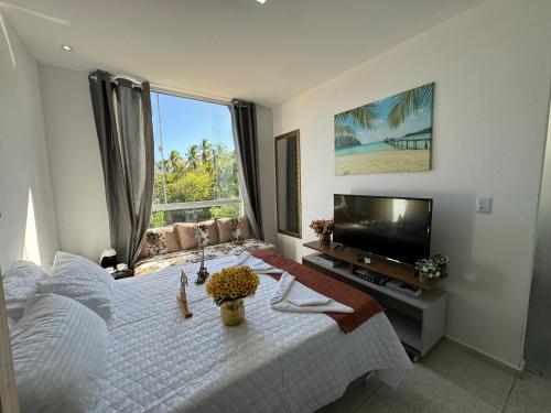 a bedroom with a bed and a flat screen tv at Pousada Hércules Beach Paradise in Maragogi