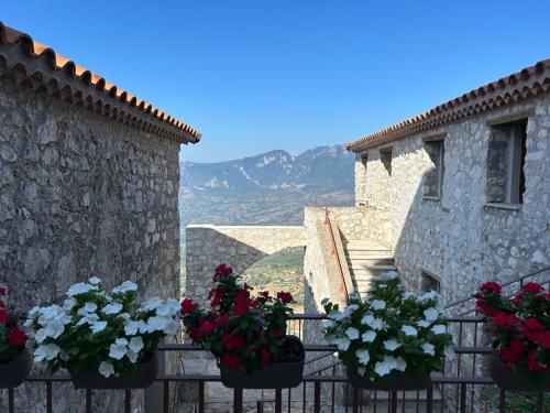 a group of flowers on a balcony with buildings at Il Borgo dei Normanni in Colliano