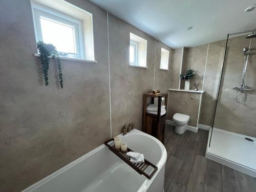 a bathroom with a tub and a shower and a toilet at Tumbledown Croft, rural cottage near Cruden Bay in Peterhead