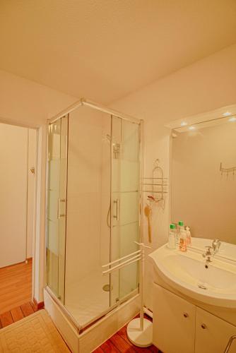 une salle de bain avec douche et lavabo dans l'établissement Appartement Capo Rosso sanguinaires Ajaccio, à Ajaccio