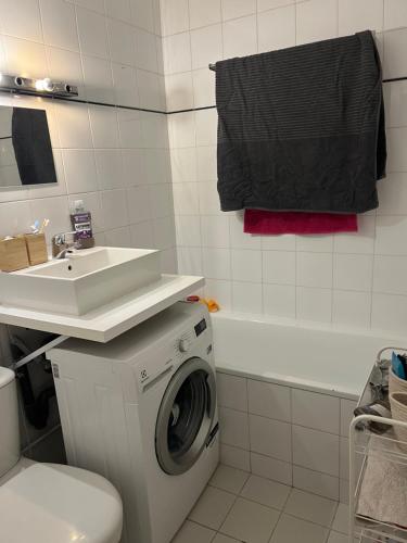 une salle de bain avec une machine à laver et un lavabo dans l'établissement Ideal studio for 2 in Neuilly Paris, à Neuilly-sur-Seine