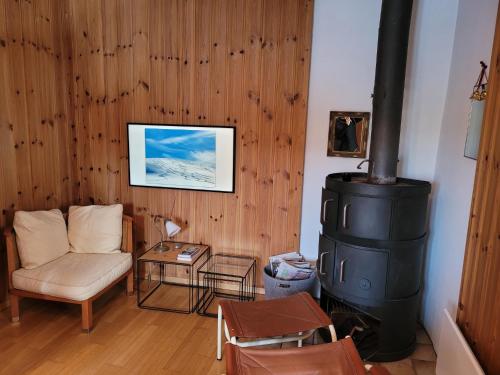 a living room with a woodburning stove and a couch at Roccabella in Bivio