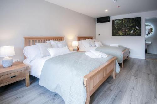 a bedroom with two beds and a tv on the wall at Suite 8 - Sleeping Giant Hotel - Pen Y Cae Inn in Brecon