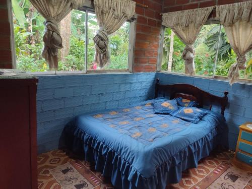 a bed in a blue room with windows at Agradable granja cerca a un río de agua fresca. in Archidona