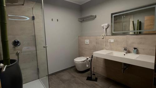 a bathroom with a shower and a sink and a toilet at VitaLounge Sports & Spa Hotel in Gelsenkirchen