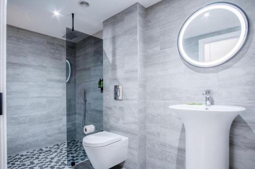 a bathroom with a toilet and a sink and a mirror at Suite 12 - Sleeping Giant Hotel - Pen Y Cae Inn in Brecon