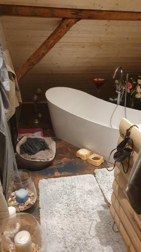 a bathroom with a white bath tub in a attic at Apartments Beskydy in Prostřední Bečva