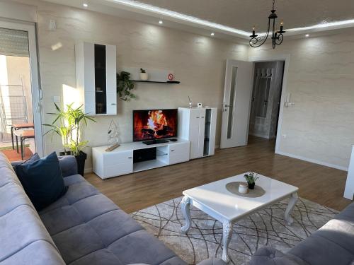 salon z kanapą i telewizorem w obiekcie Apartman Ano LUX w mieście Novi Pazar