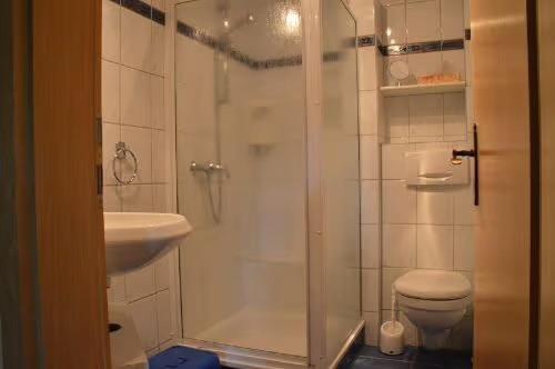 DörphofにあるFerienwohnung Familie Starckのシャワー、トイレ、洗面台を備えたバスルーム