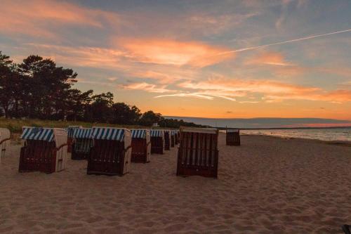 eine Reihe von Liegestühlen am Strand bei Sonnenuntergang in der Unterkunft Ferienwohnung Meeresbrise in Binz