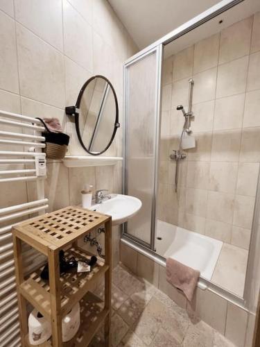 a bathroom with a sink and a shower and a mirror at Pretty Home City Lounge in Zwickau