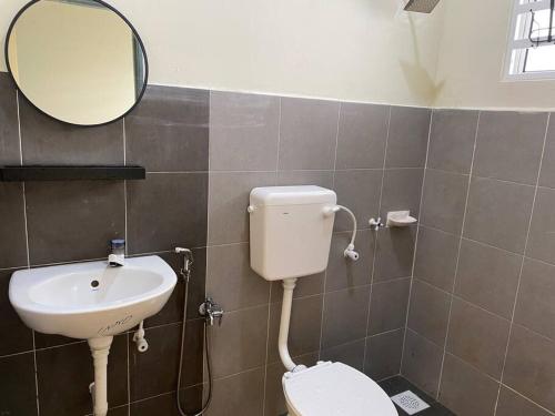 a bathroom with a sink and a toilet and a mirror at Rumah Aidin Homestay in Sitiawan