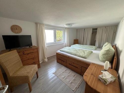 a bedroom with a bed and a tv and a chair at Ferienhaus Konze in Hilchenbach