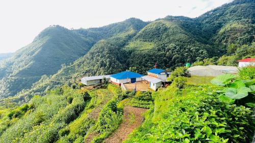 Mahānkāl的住宿－Sindhu Organic Agro And Farmstay，山丘上以山为背景的房子