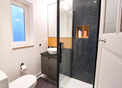a bathroom with a shower with a toilet and a sink at Cozy and confortable room near Brussels Central Station in Brussels