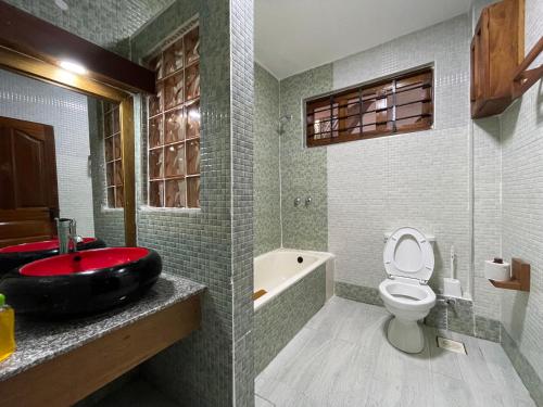 ウクンダにあるSavannah Oasisのバスルーム(赤い洗面台、トイレ付)