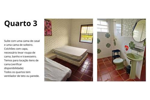 duas fotografias de um quarto com uma cama e uma casa de banho em Holambra e a natureza rural em Holambra