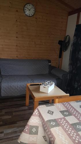 een woonkamer met een bank en een salontafel bij chalet tout équipé in Signy-le-Petit