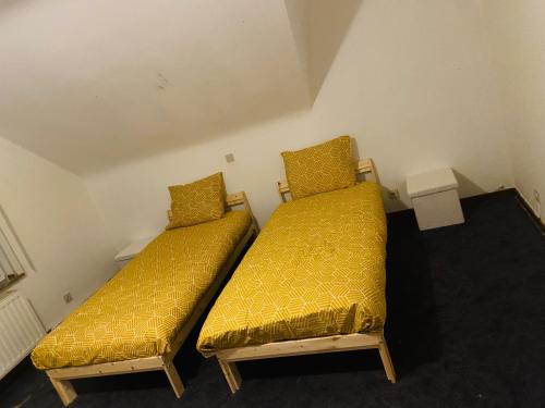 2 bedden met gele kussens in een kamer bij Villa luxe 