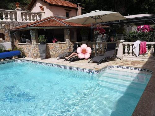 a pool with a bunch of pink balloons and an umbrella at Appartement design avec piscine in Digne-les-Bains