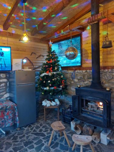 a living room with a fireplace and a christmas tree at Vila Jana Mavrovo in Mavrovo